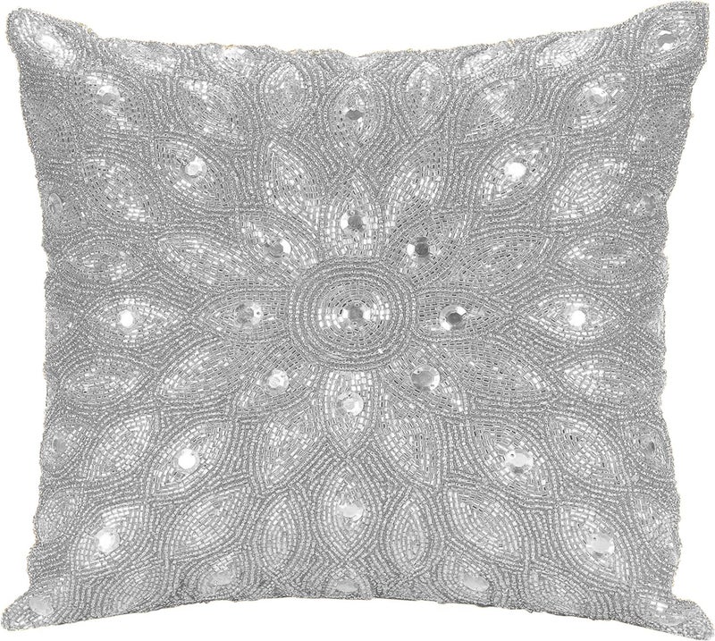 Light & Pro Lightnpro Handwoven Silver Pillow Cover - 12x12 Inch, Handmade Luxury Soft Peacock Design Decorative Cushion Case for Couch, Sofa, and Bed - Artisan-Made - Cover Only (1 Pack) - Image 2